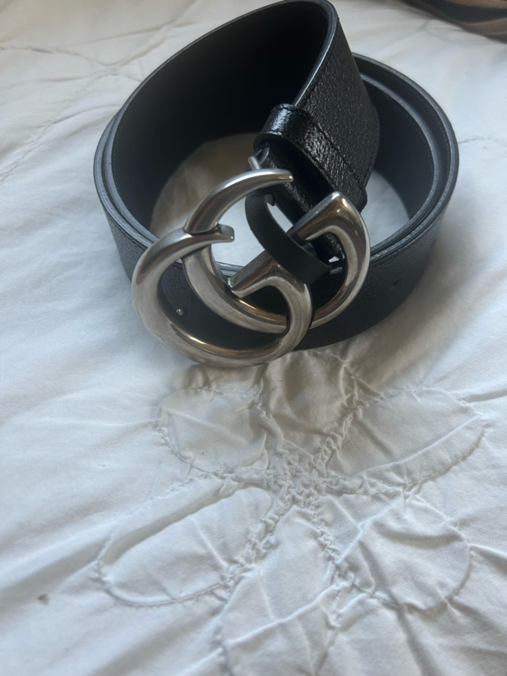 Black Leather Belt with Silver Double-G Buckle